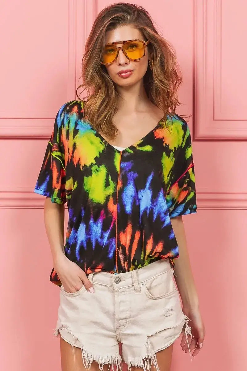 BiBi Tie Dye Print Jersey Stitched V Neck Top for Women - Love Salve
